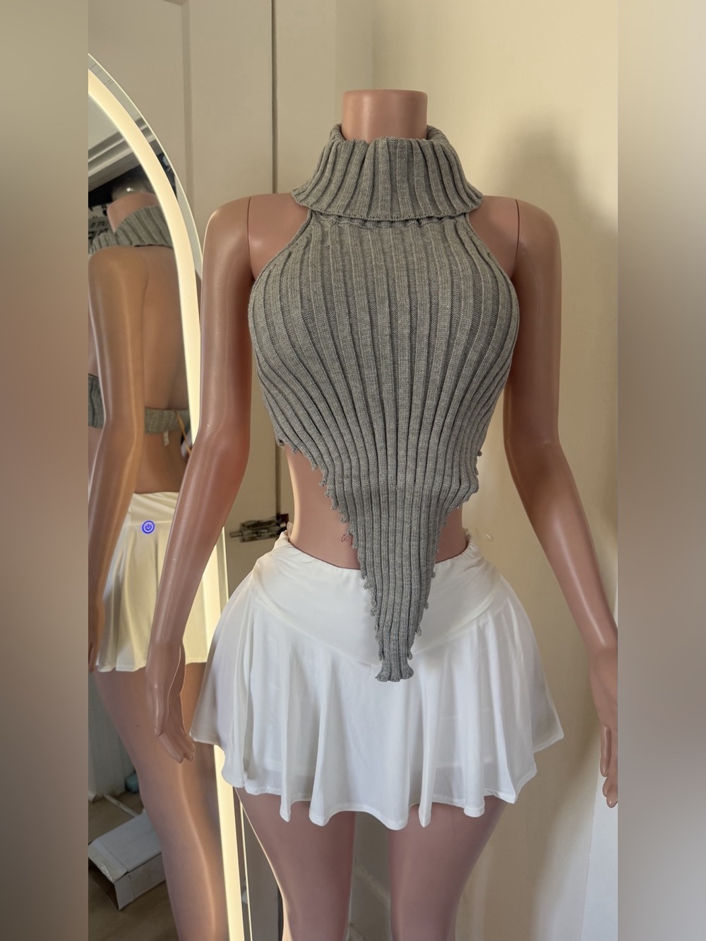 Gray Ribbed Halter Crop Top NWT